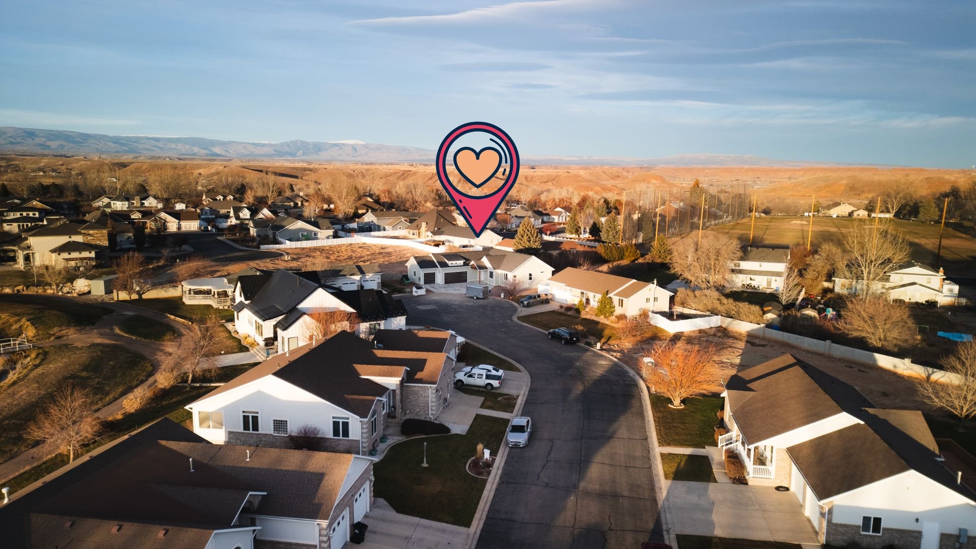  An example real estate listing photo using Drone technology of a neighborhood near a golf course. Real estate drone photography and videography services in Roosevelt, Vernal, Uintah Basin, Utah, and nationwide.
