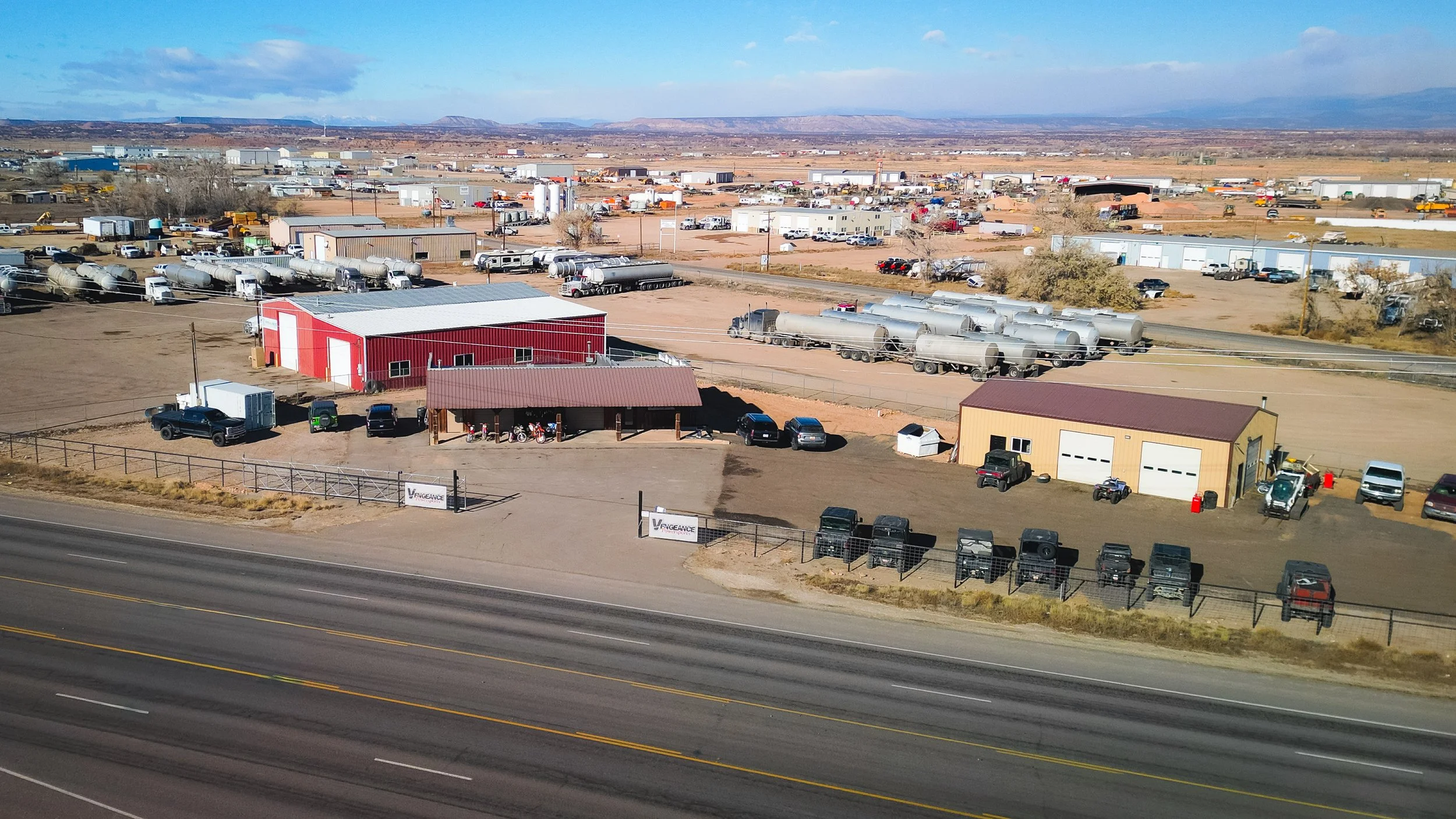 Aerial drone photograph view of an industrial facility in Roosevelt, Utah. Drone photography and videography services in Roosevelt, Vernal, Uintah Basin, Utah, and nationwide.