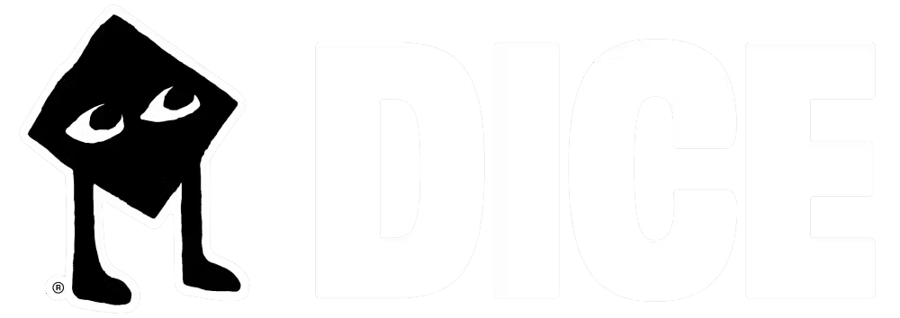 A cartoonish character with a die-shaped head and two eyes, standing next to the word "DICE" in bold white letters on a black background.