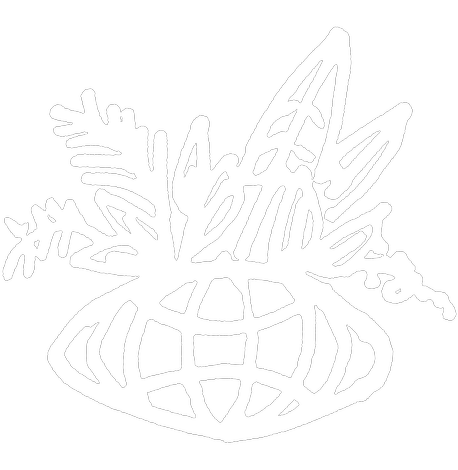 A stylized white Christmas-themed illustration with a globe, pine branches, and a reindeer antler on a black background.