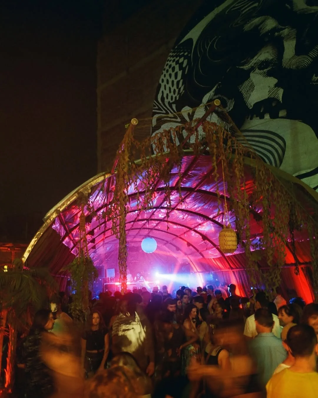 A dance party or music event taking place under an arched tent decorated with hanging foliage, with many people dancing and socializing illuminated by colorful stage lighting.