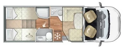 Plattegrond van een camper met slaapgedeelte, badkamer, keuken en zithoek.
