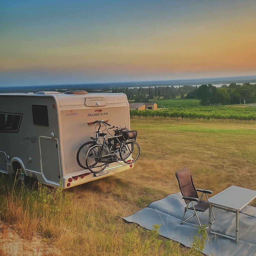 Een kampeerplaats in een veld met een caravan, twee fietsen aan de achterkant, een stoel en een klein tabel op een mat, met een landschap van groene velden en water in de achtergrond bij zonsondergang.