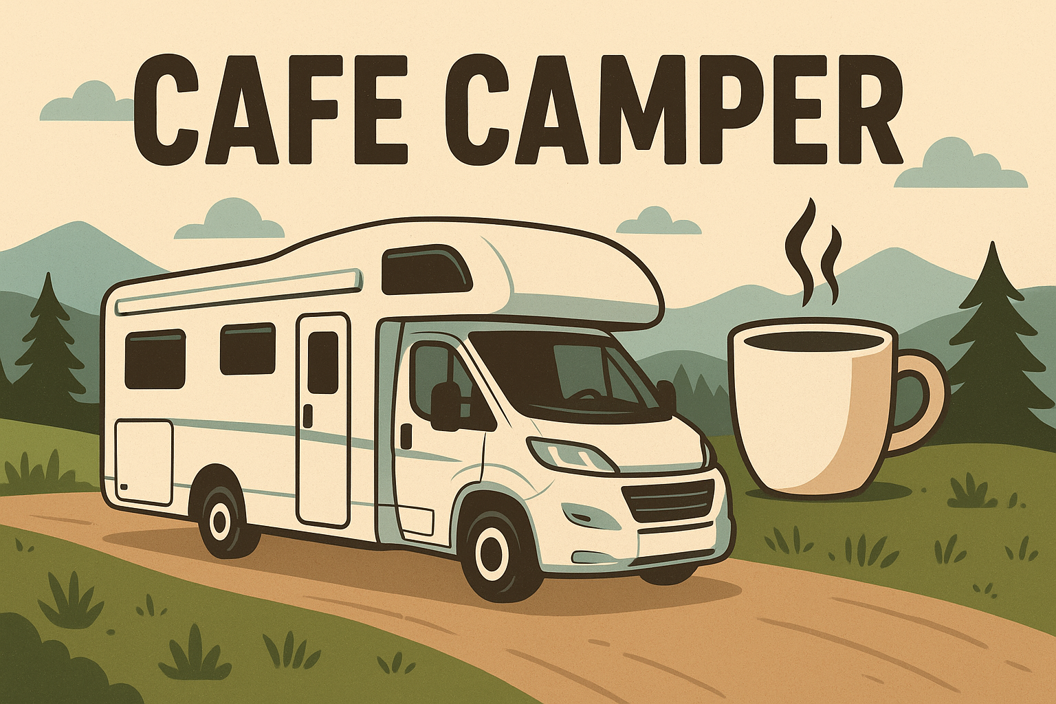 Illustratie van een camper op een bosweg met bergen op de achtergrond, naast een grote dampende kop koffie en de tekst 'Café Camper' bovenaan.