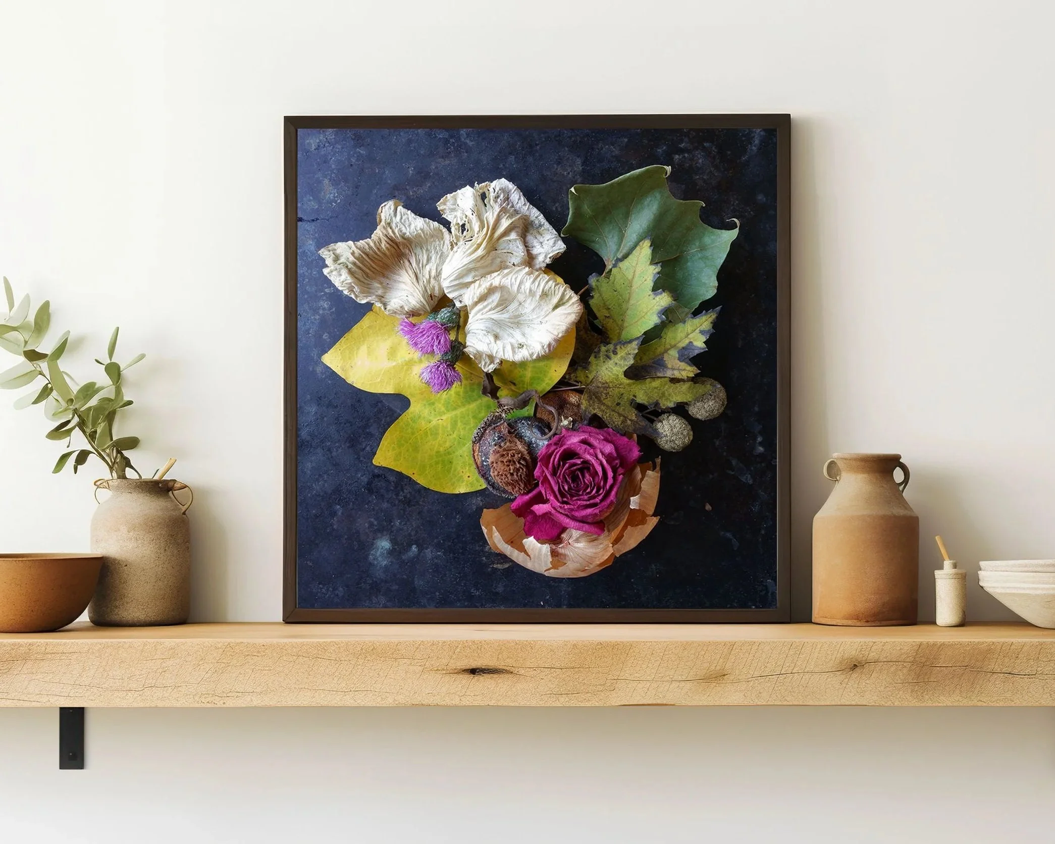 Elegant framed botanical assemblage with a magenta rose and contrasting textures, a striking piece of wall art for living rooms or sophisticated interior décor.