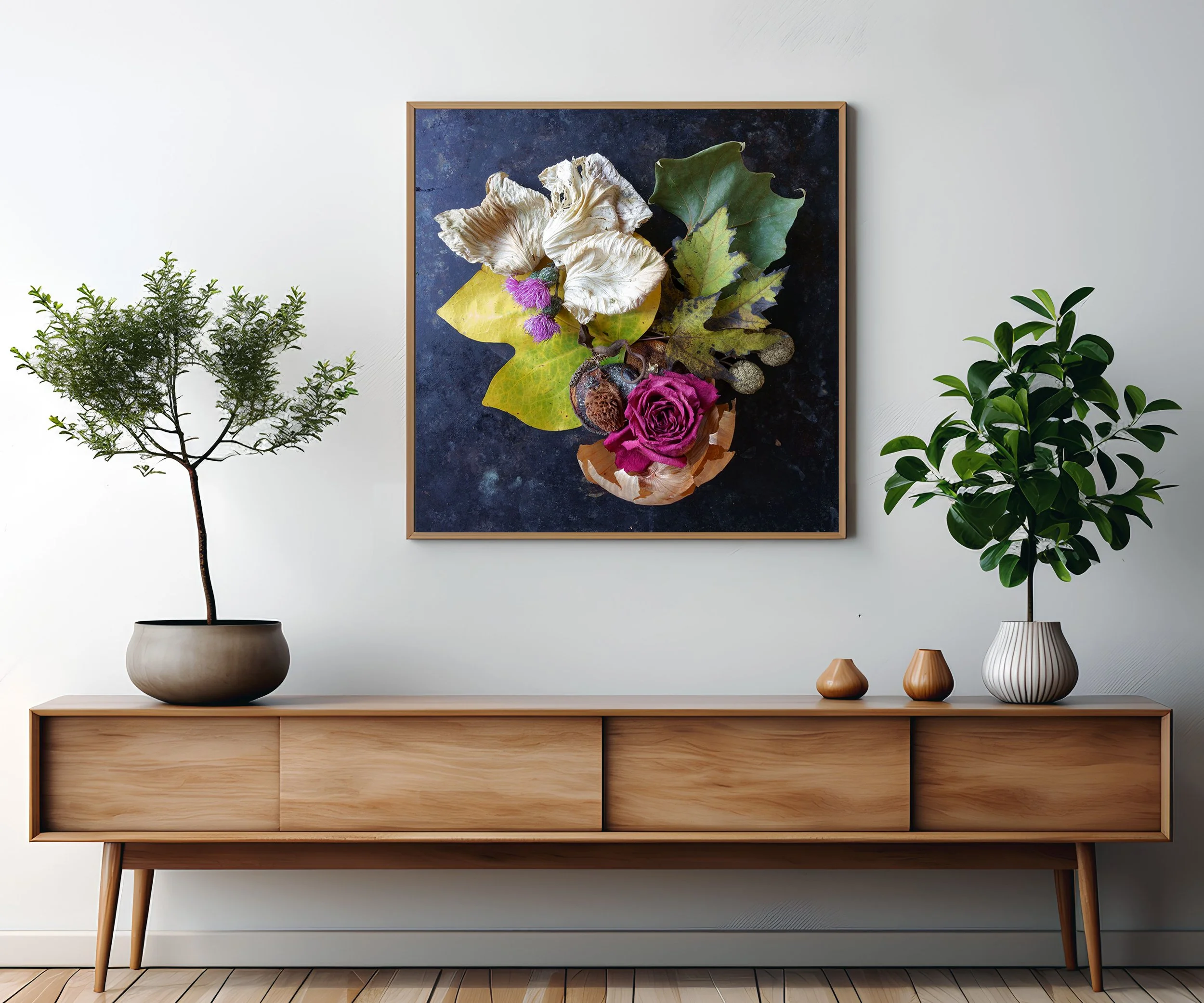 Elegant framed botanical assemblage with a magenta rose and contrasting textures, a striking piece of wall art for living rooms or sophisticated interior décor.