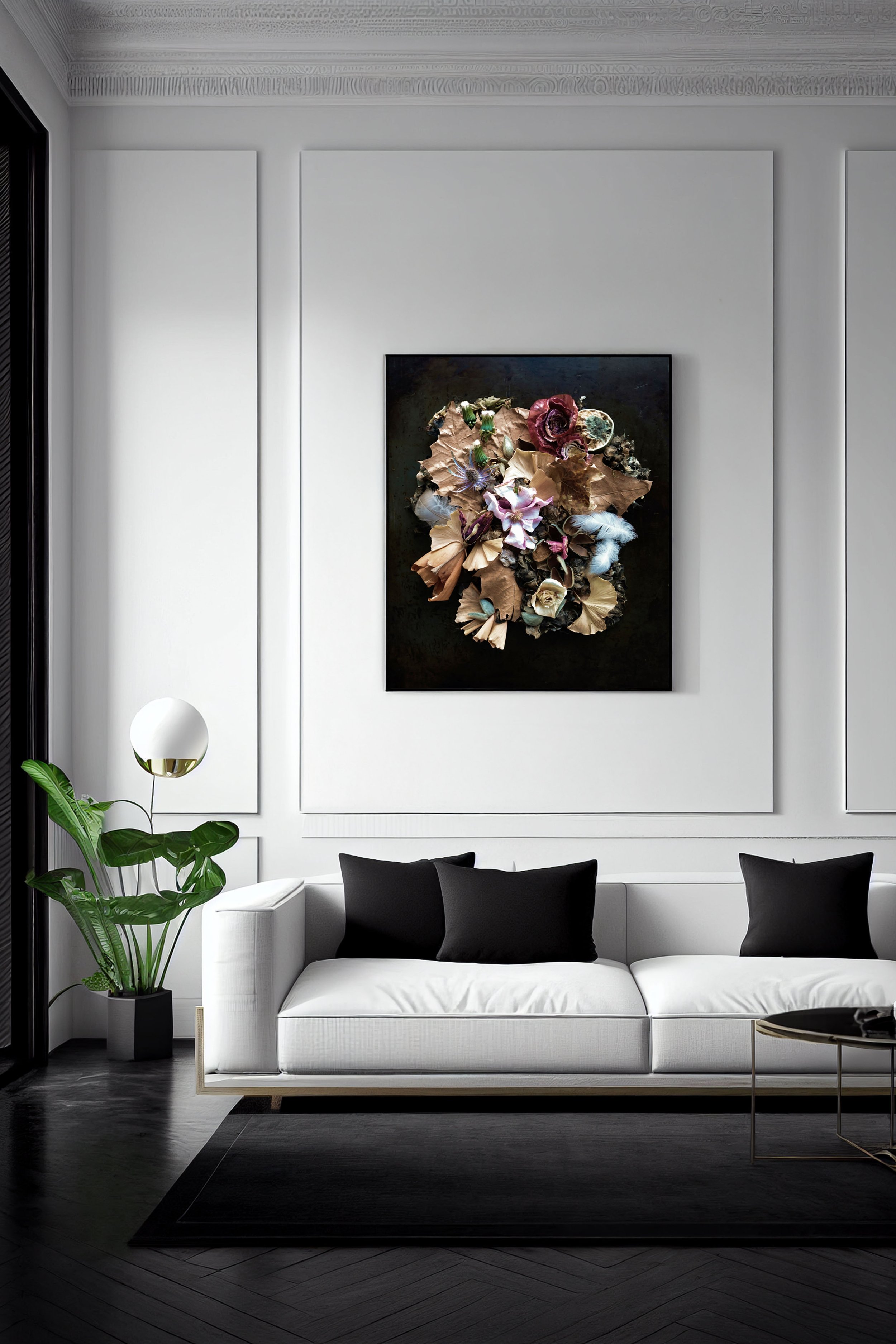 Vanitas-inspired framed botanical artwork with dried leaves and petals, a refined decorative piece for living rooms, dining rooms, or minimalist home décor.