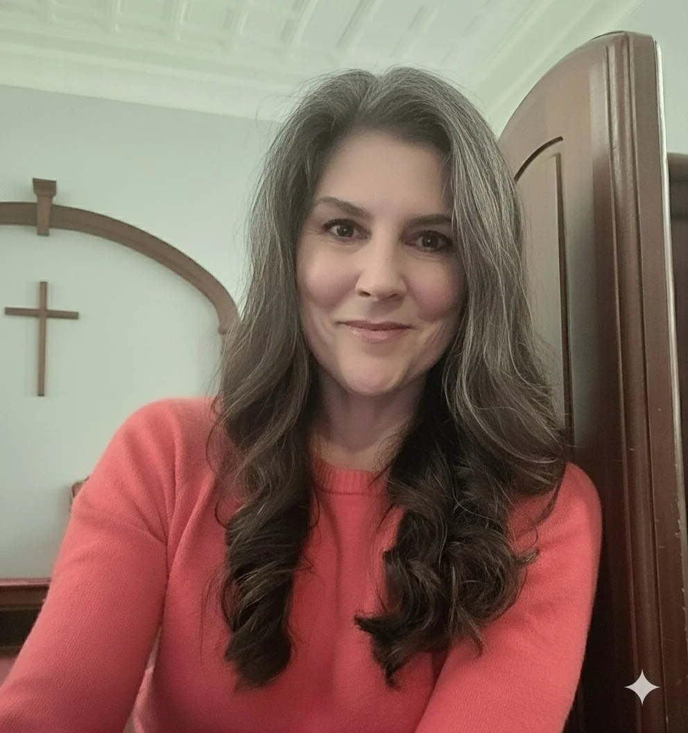 A woman with long, wavy brown hair and fair skin smiling and wearing a red sweater. She is sitting in a room with a wooden cabinet behind her and a cross on the wall.