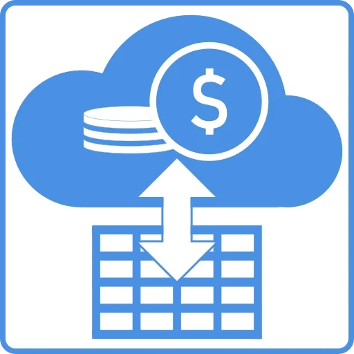 Cloud with a dollar sign and coins, arrow pointing downward into a table or spreadsheet