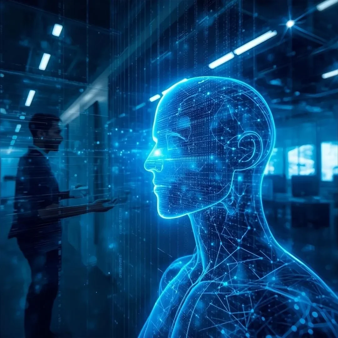 A digital representation of a human head and upper body, made of blue glowing lines and data points, with a human silhouette in the background in a modern, high-tech office environment.