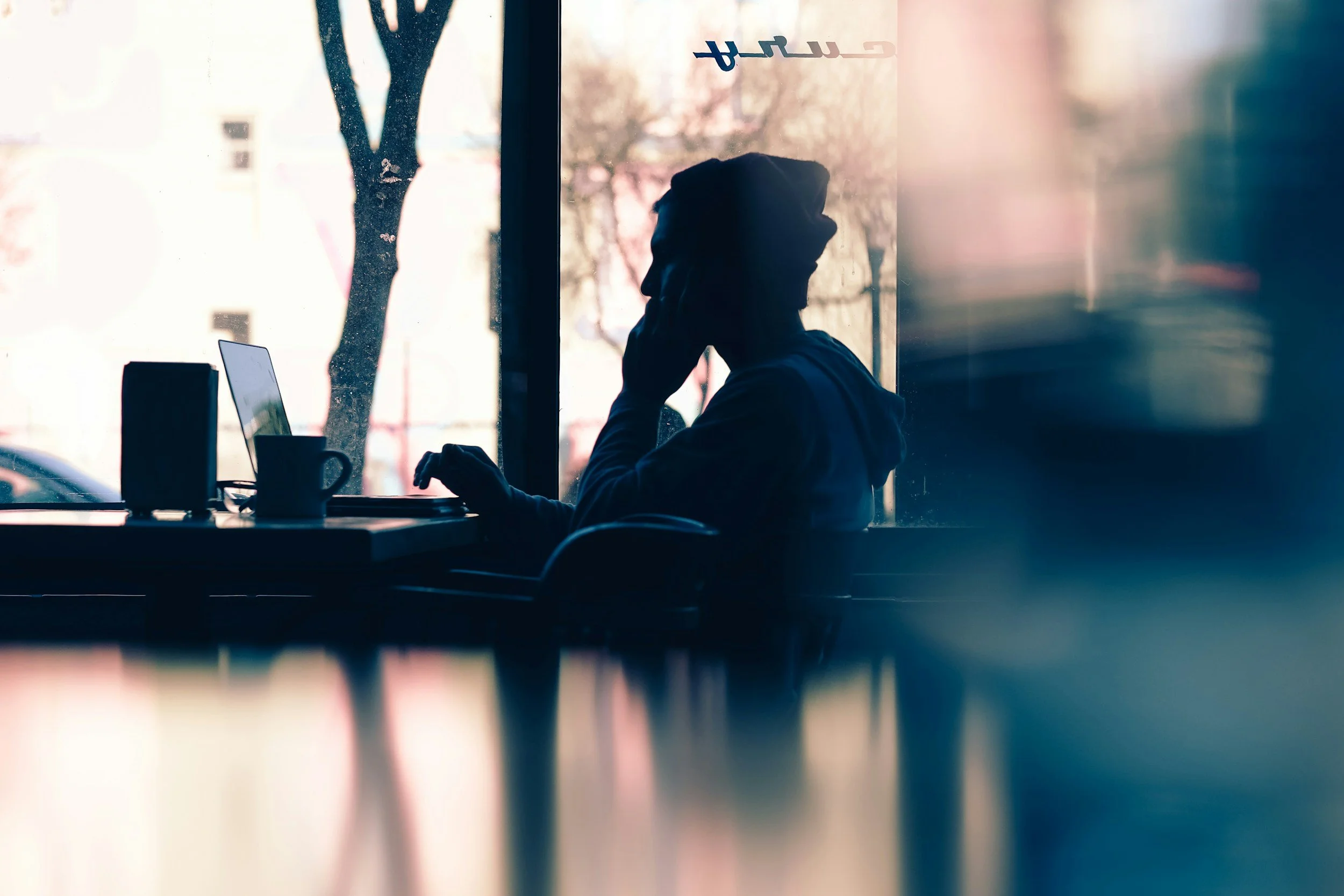 Person sitting at a table in a cafe, using a laptop and talking on the phone, silhouetted against a large window with trees outside.