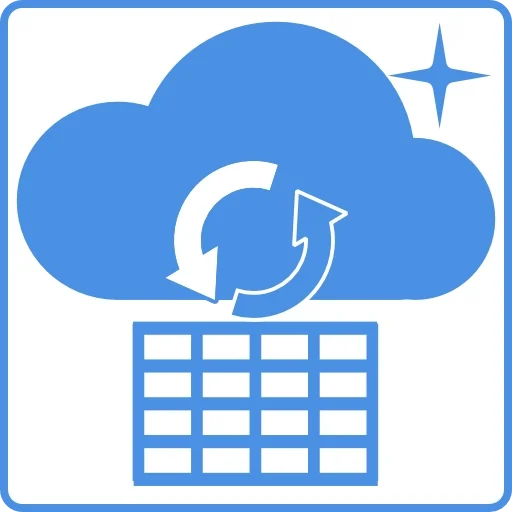 Icon of a cloud with circular arrows indicating synchronization or backup, a solar panel at the bottom, and a star in the top right corner, representing cloud storage or cloud computing.