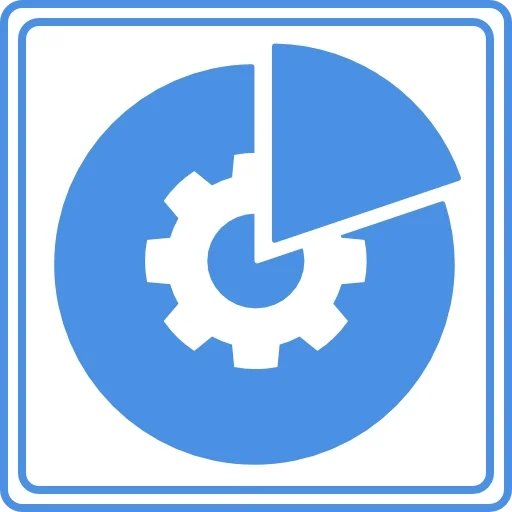 A blue and white circular sign with a gear and a pie chart design, indicating settings or options.