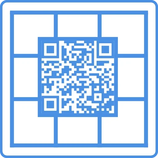 A blue and white QR code within a square border.