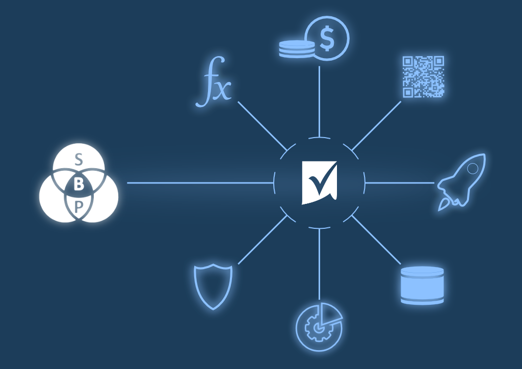 A digital illustration featuring a central checkmark icon with eight surrounding icons representing finance, data, science, technology, and innovation, connected by lines on a dark blue background.