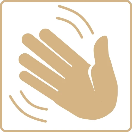 Icon of a hand waving, with motion lines indicating waving.