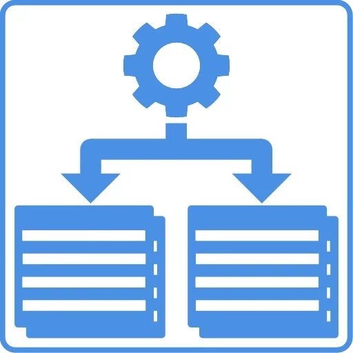 Flowchart diagram with a gear on top, connecting to two stacked documents below, indicating a process or workflow.