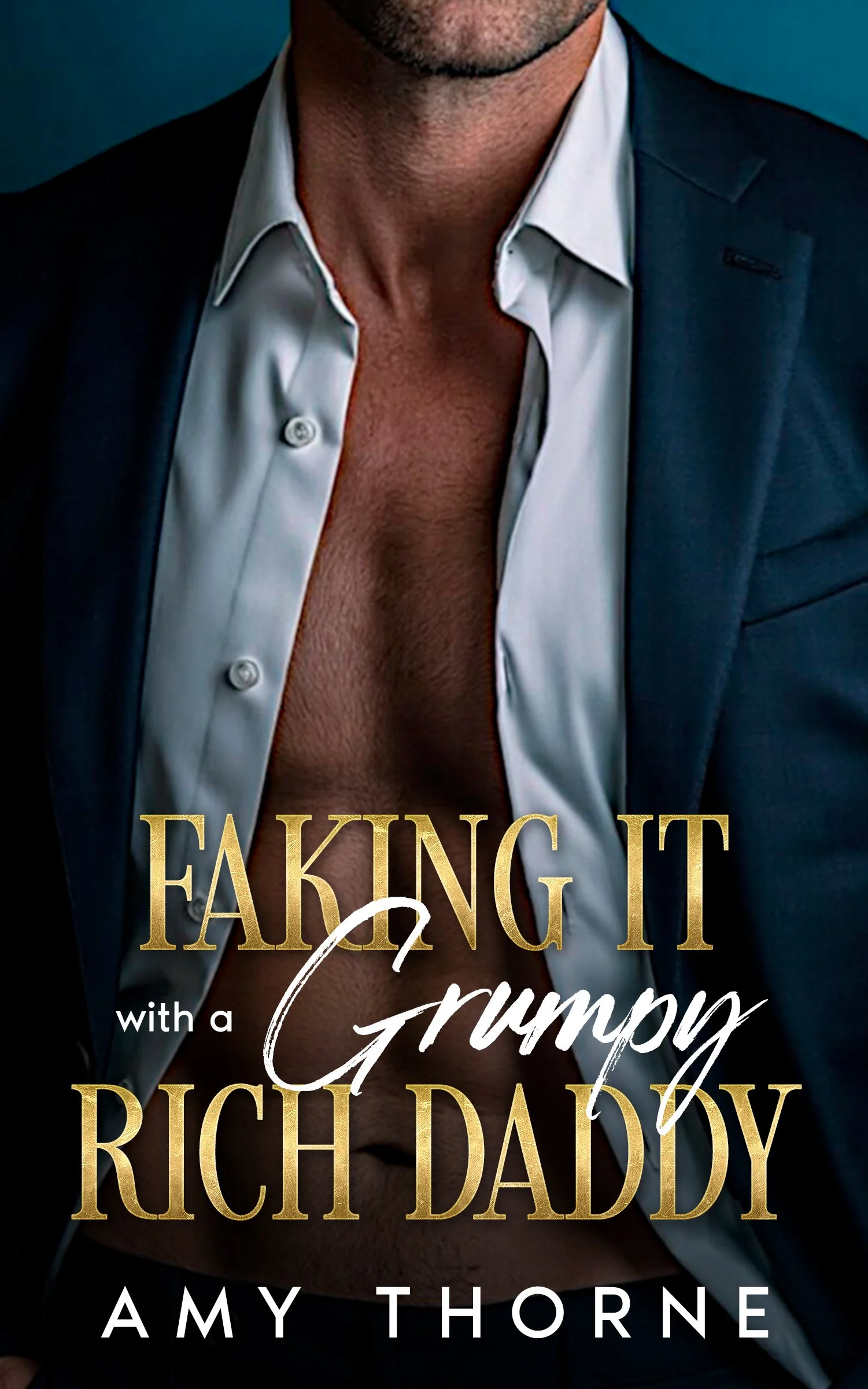 Close-up of a man wearing an open white shirt and a dark blazer, exposing his chest. The image appears as a book cover with titles in large gold and white fonts.
