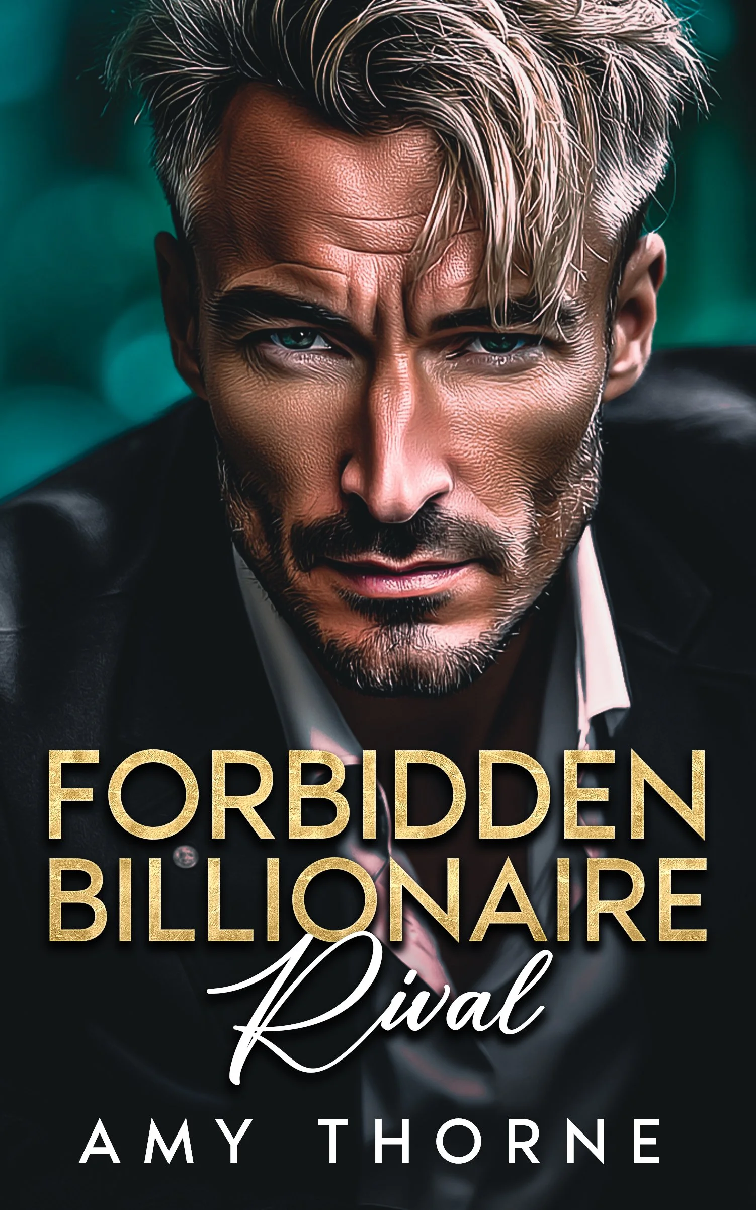 Close-up of a man with styled blond hair, intense gaze, and a serious expression, wearing a suit. Book cover titled "Forbidden Billionaire Rival" by Amy Thorne.