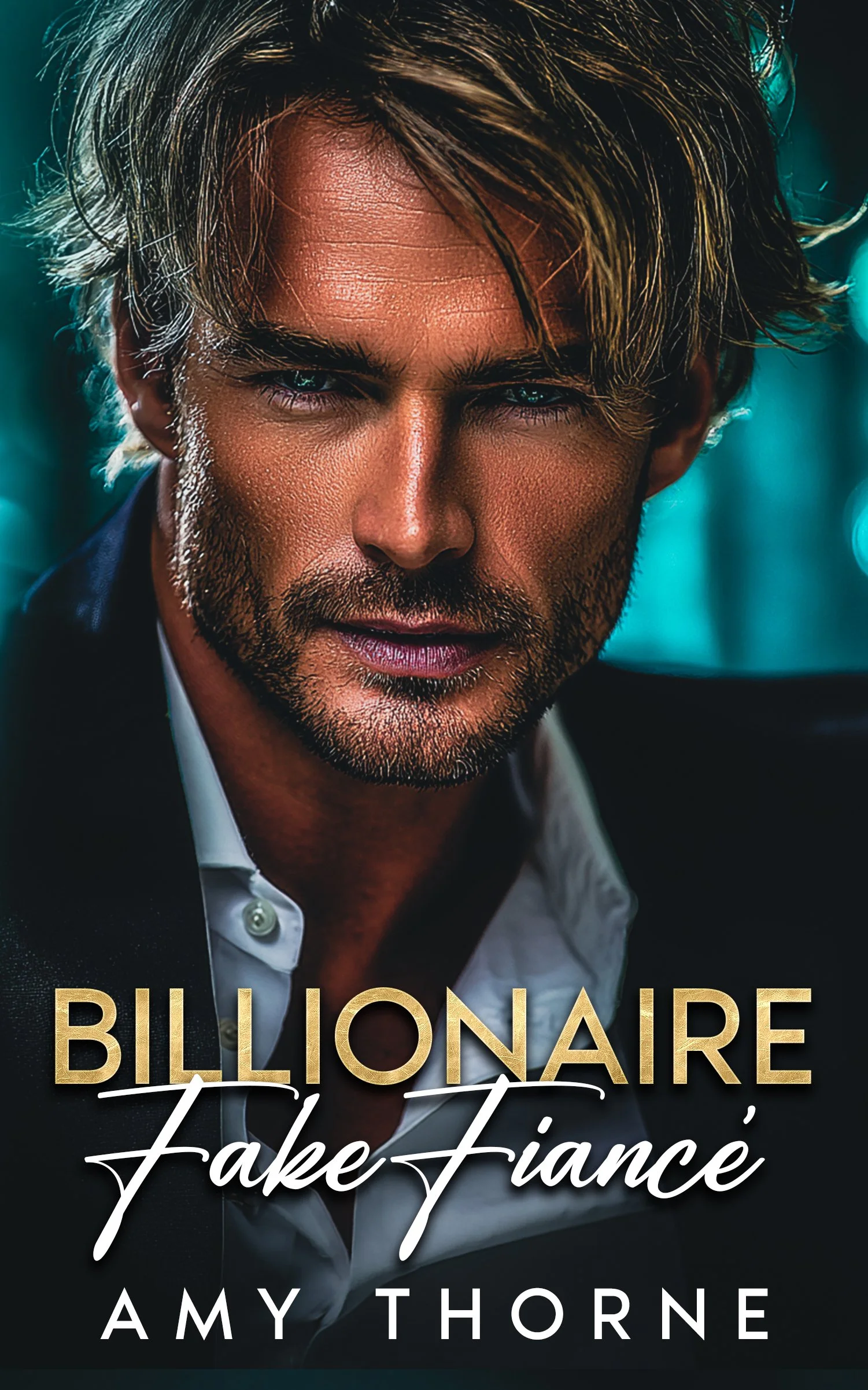Cover for the "Billionaire Fake Fiance" steamy contemporary romance book by Amy Thorne.