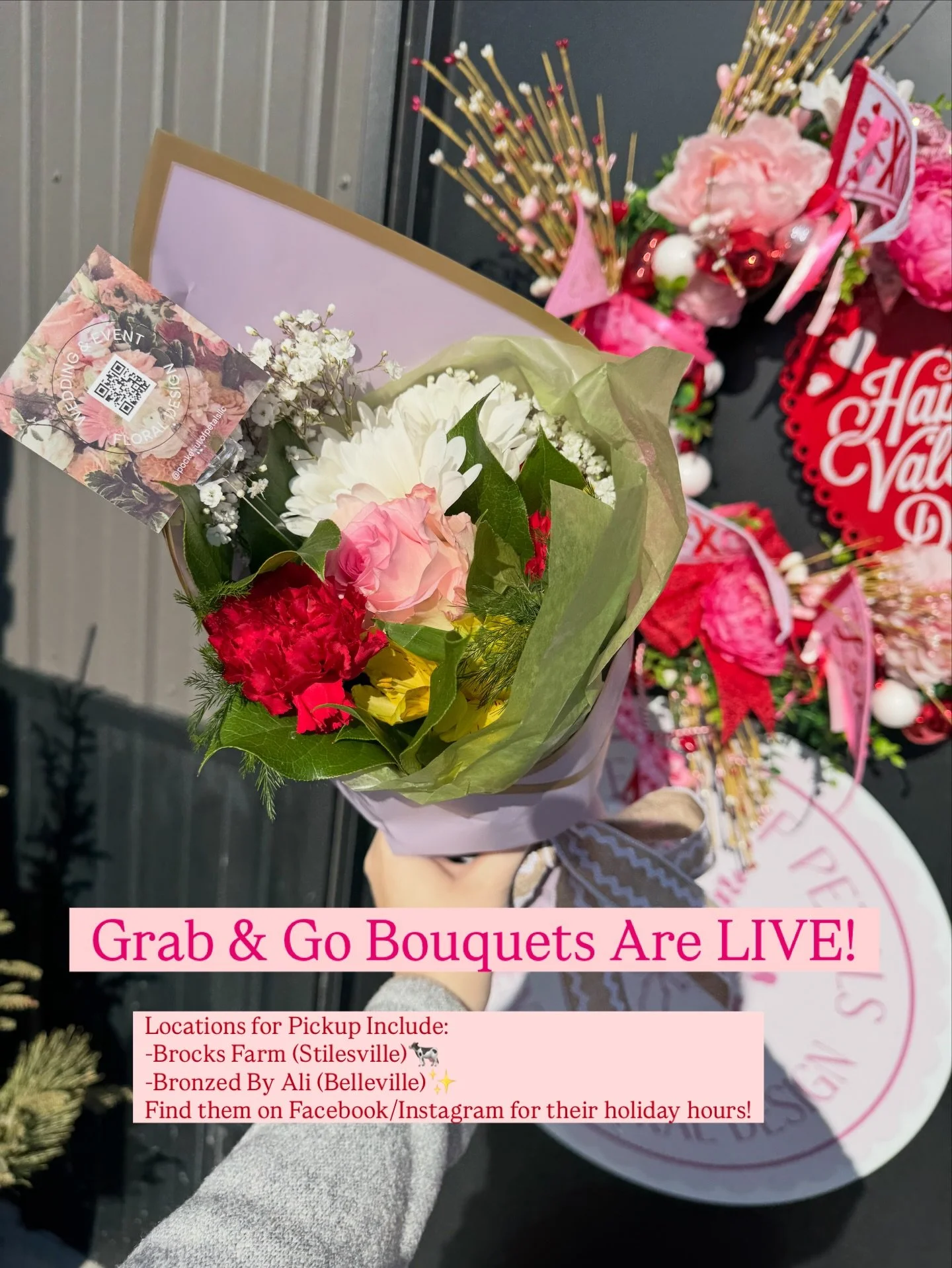 Ready, Set, Grab &amp; Go Bouquets are LIVE!🌸

-please stop at either @brockfarmsfreezerbeef or @bronzed_by_ali to snag one! &amp; also snag something special for yourself like tan to keep this winter grey away or a juicy steak to have Valentine&rsq
