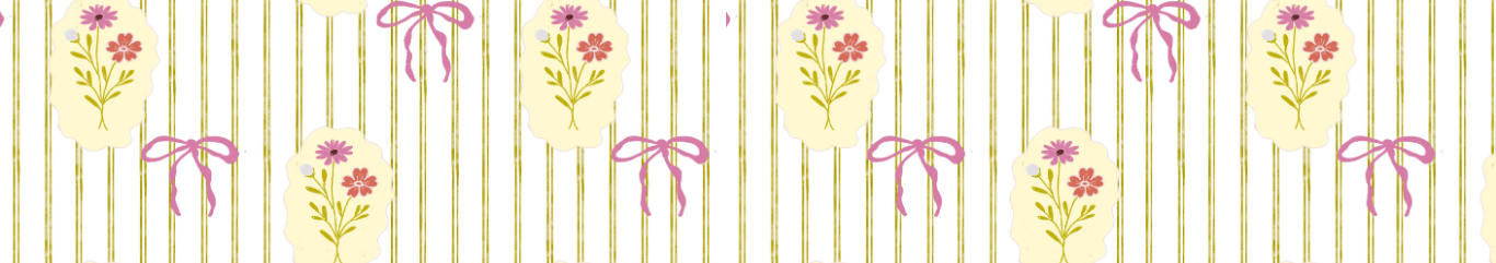 Pattern with vertical gold and white stripes, pink bows, and small bouquet floral motifs in cream-colored frames with pink and purple flowers.