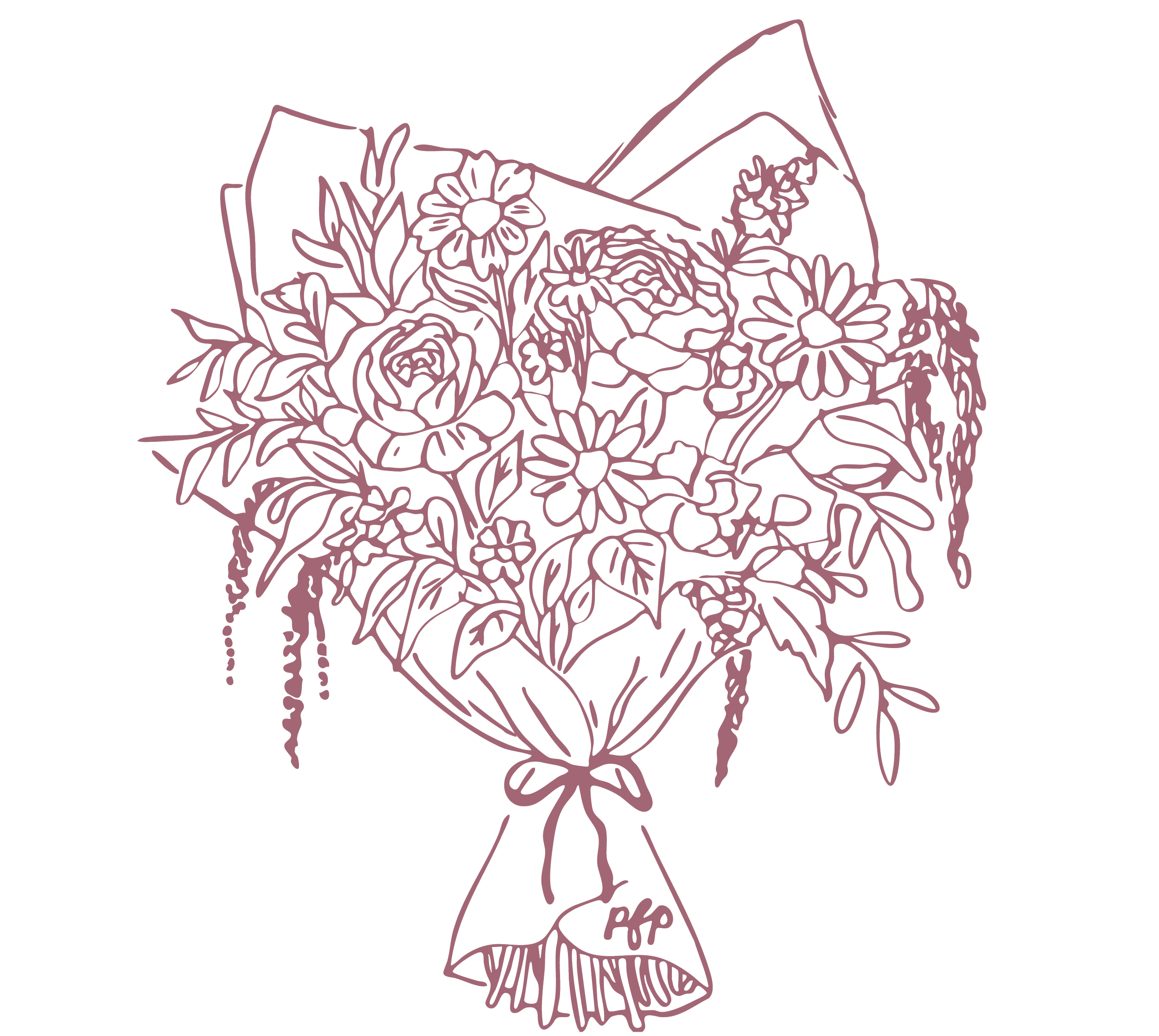 Line drawing of a bouquet of flowers wrapped in paper.