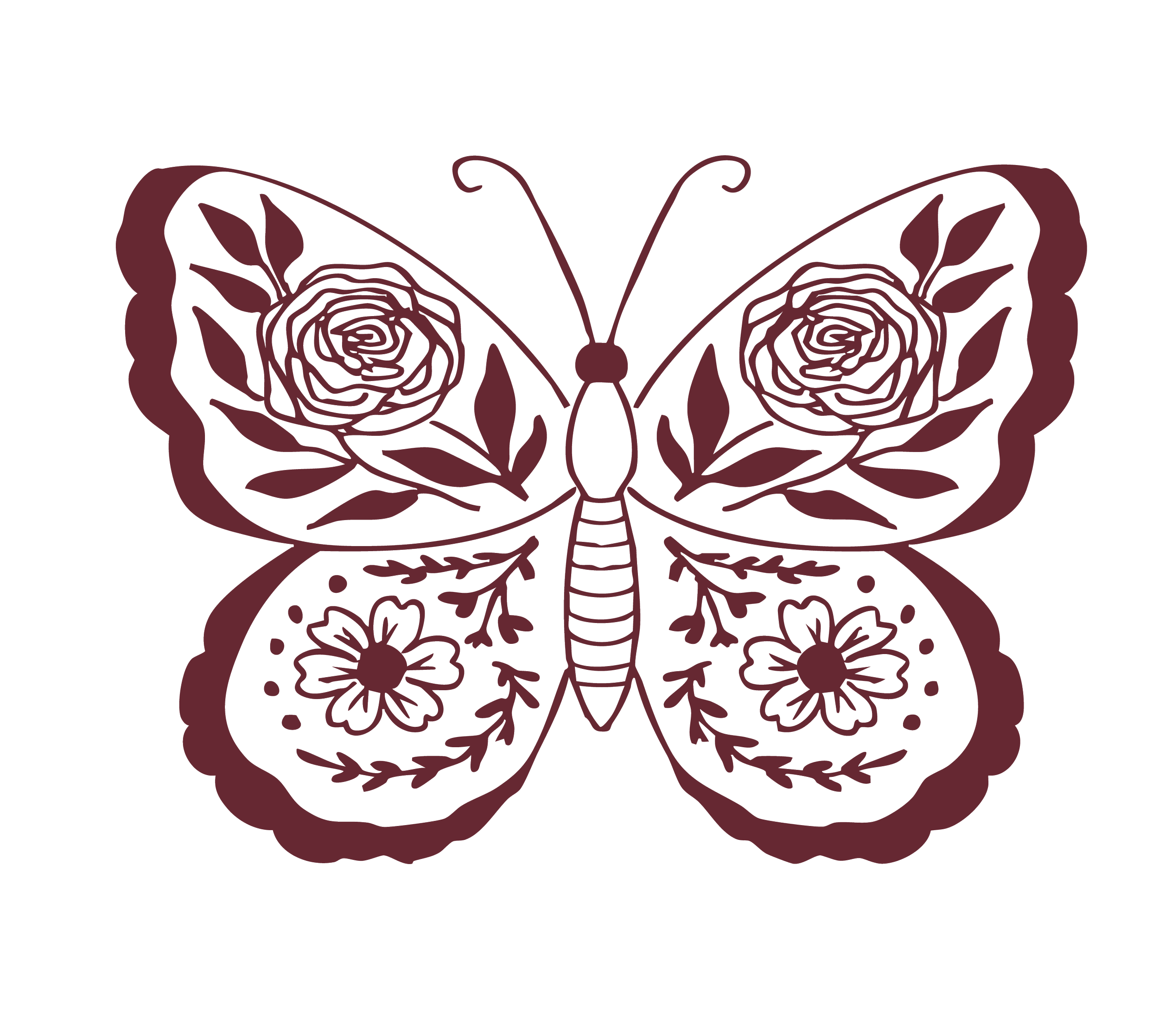 Outline of a butterfly with floral and leaf patterns in maroon on a black background.