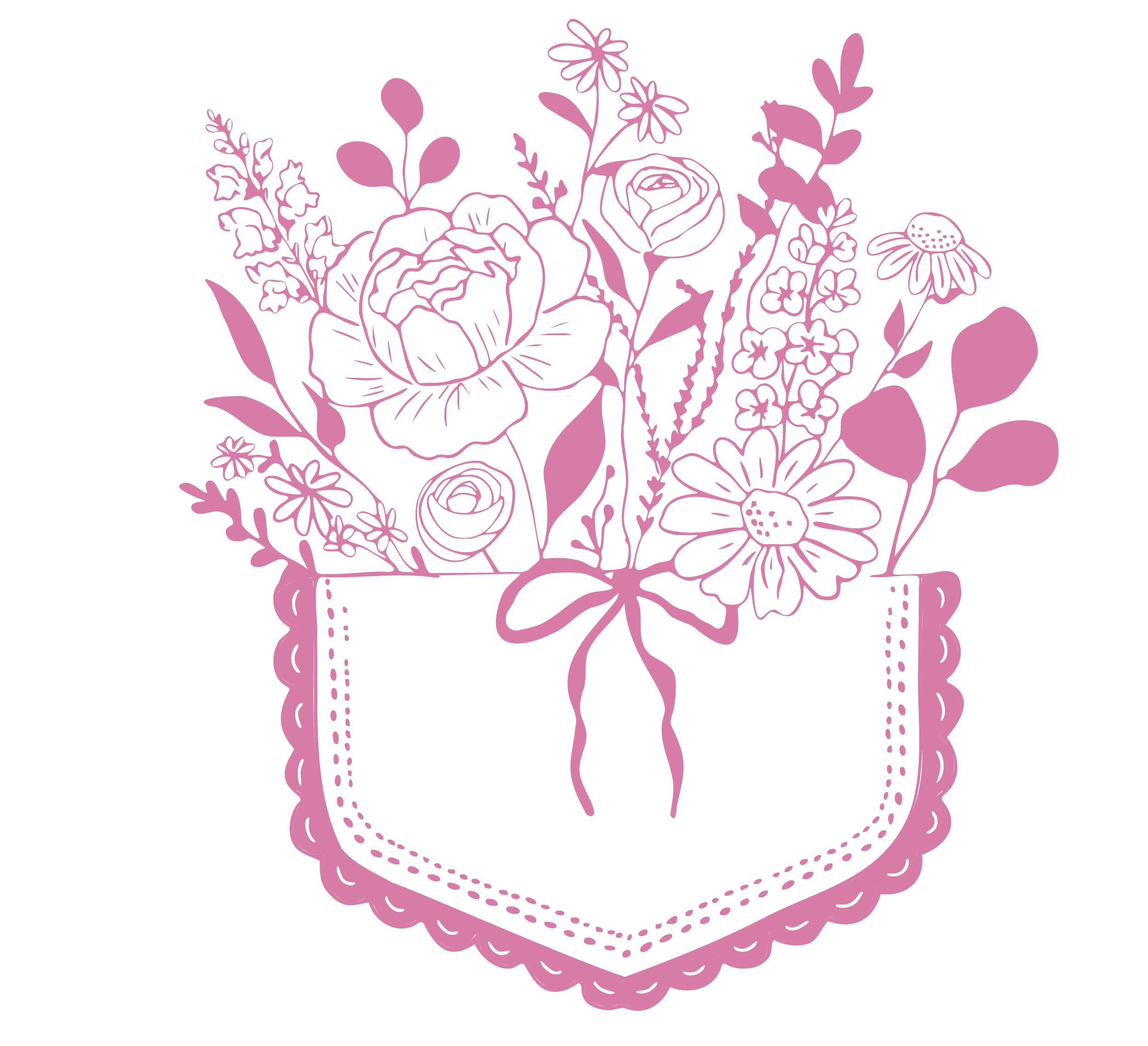 Pink outline of a bouquet of various flowers in a pocket with scalloped edges and dotted details.