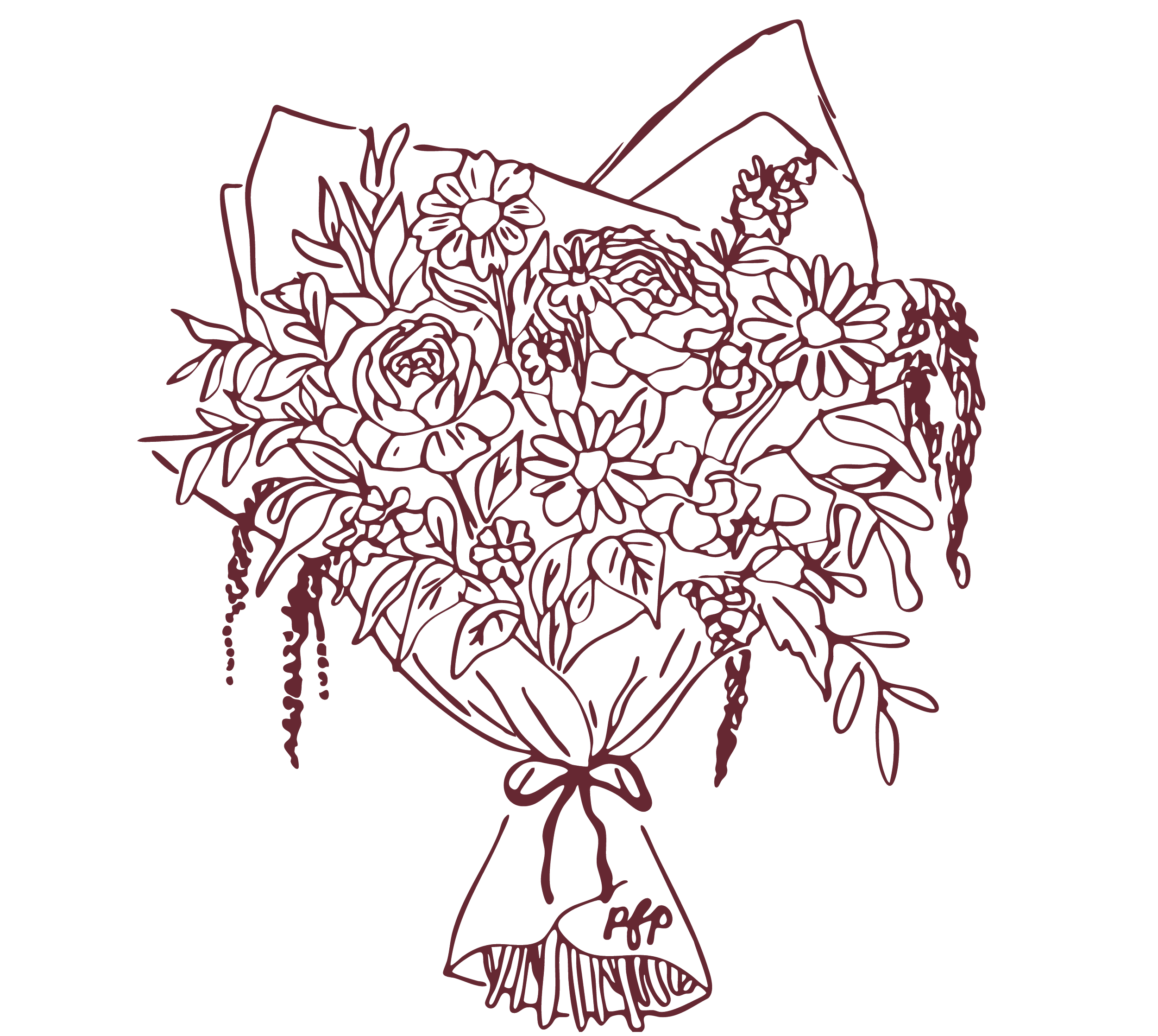 Line drawing of a bouquet of flowers wrapped in paper and secured with a ribbon.