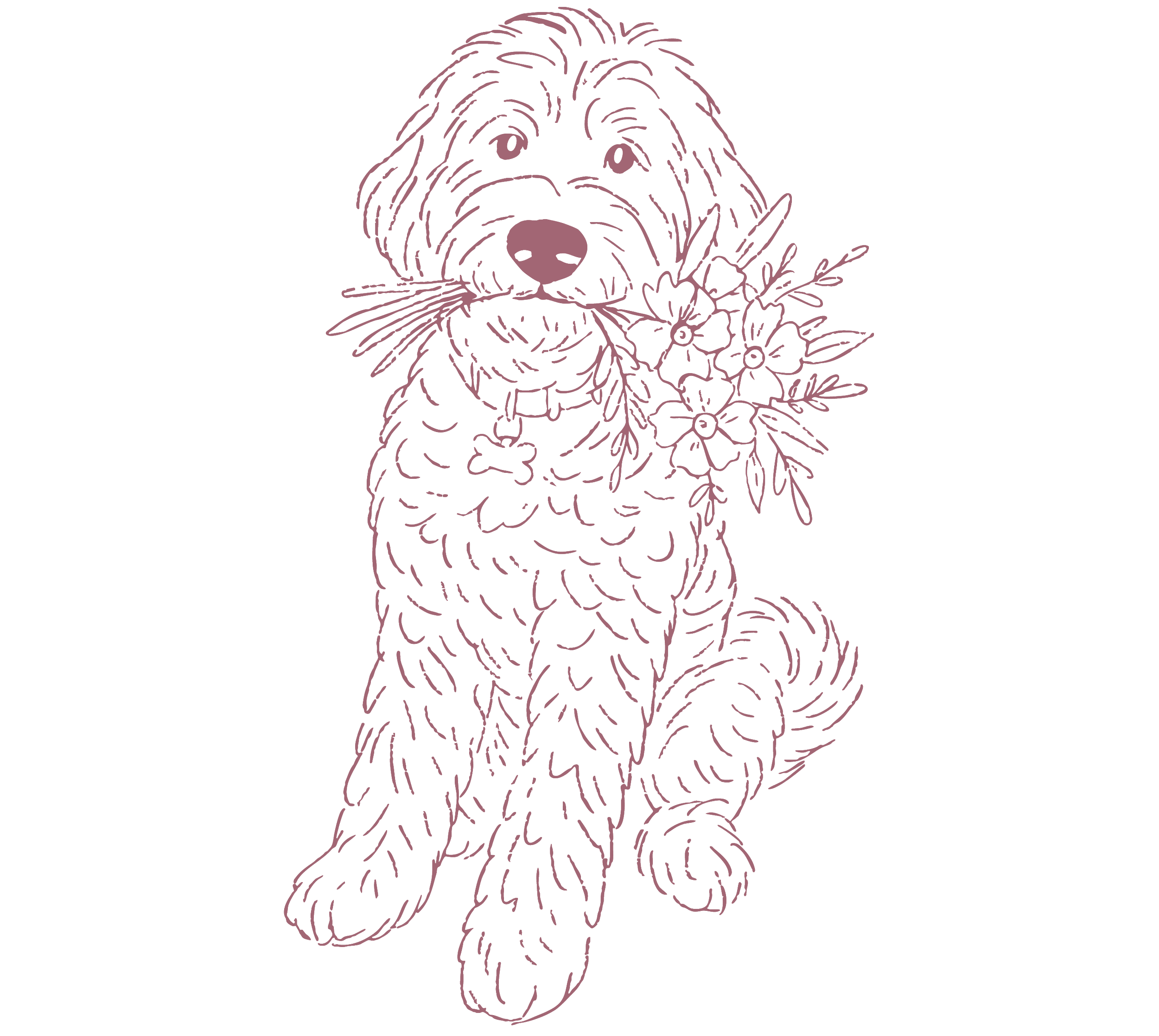 Outline drawing of a dog with a flower and a branch in its mouth, wearing a collar with a bone-shaped tag.