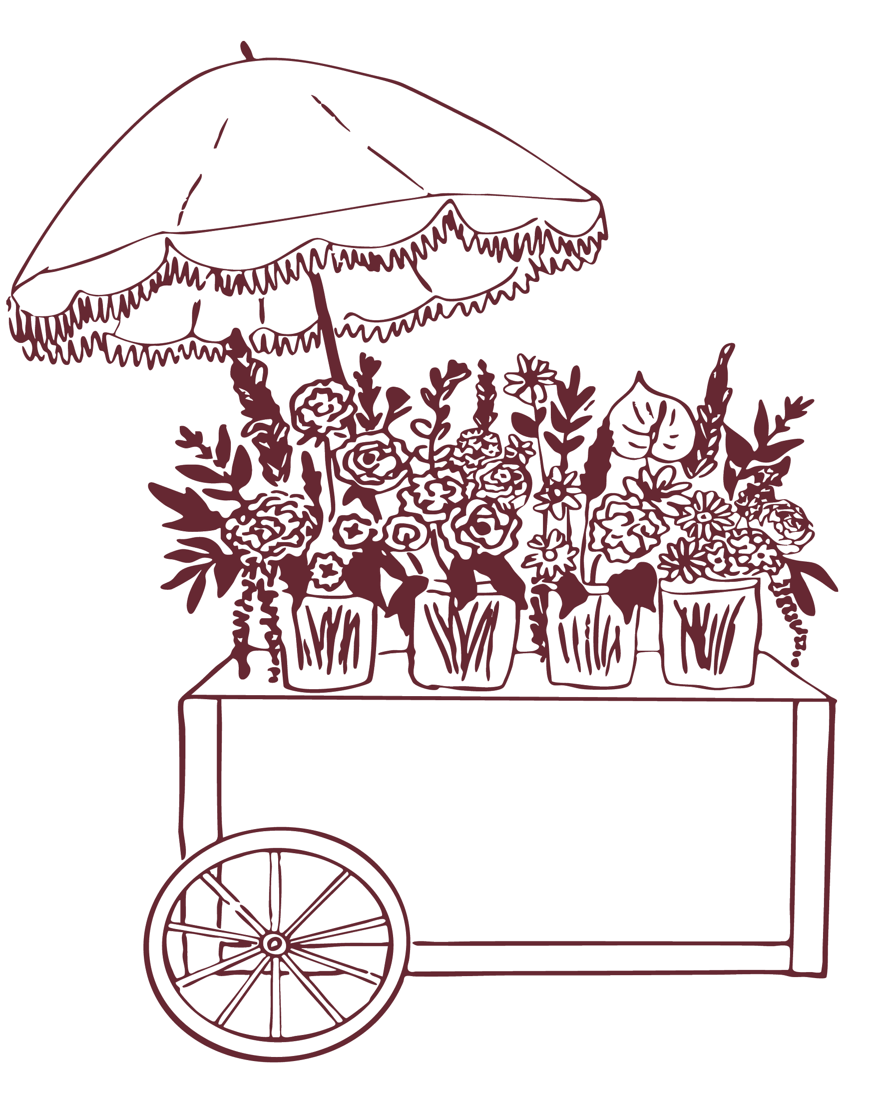 Outline drawing of a flower cart with an umbrella and potted flowers.
