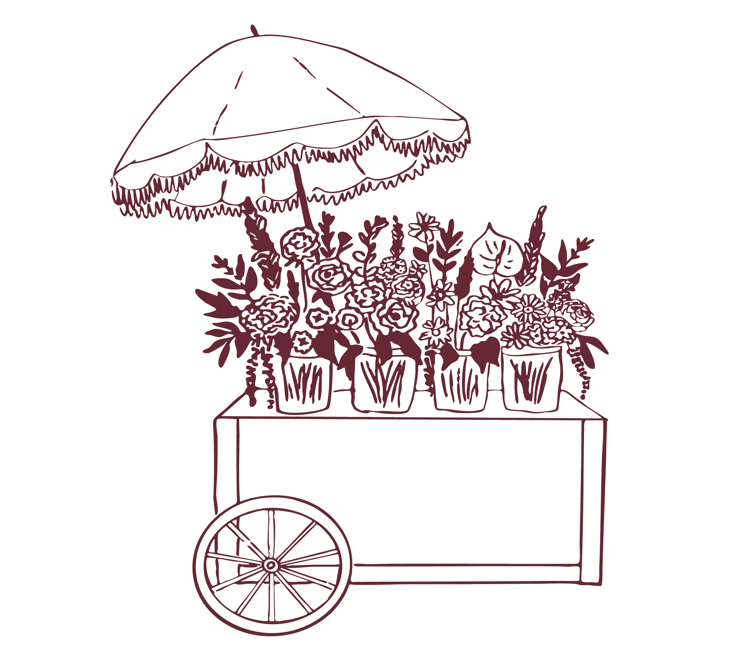 Line drawing of a flower cart with four potted plants and a large umbrella over the plants.