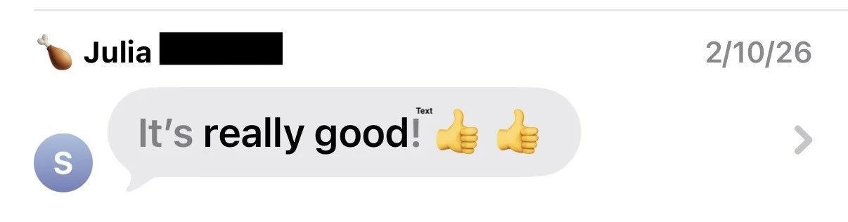A text message conversation showing a message that says "It's really good!" with two thumbs-up emojis.