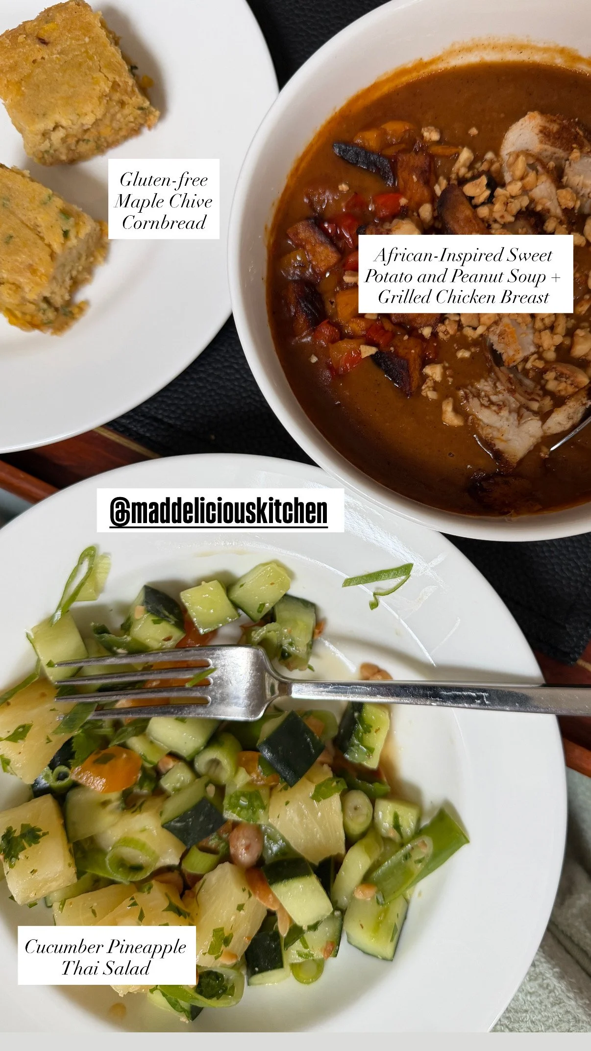 A plate of cucumber pineapple Thai salad with chopped cucumbers, pineapple pieces, and herbs, along with a fork. Adjacent, a bowl of African-inspired sweet potato and peanut soup topped with grilled chicken breast and chopped nuts, and a small plate of gluten-free maple chive cornbread.