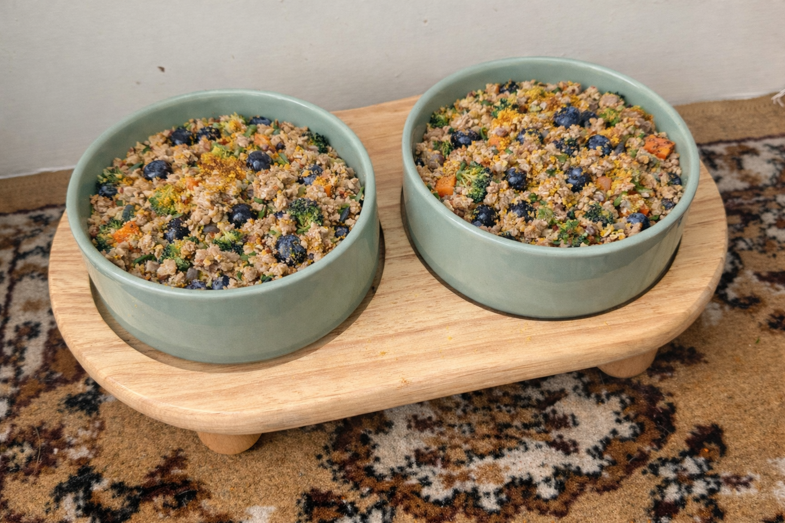 Homemade dog meal in green bowls.png