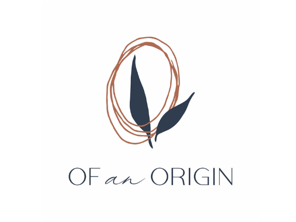 A logo with a brown oval sketch, two dark blue leaves, and the text 'Of an Origin' in elegant font.