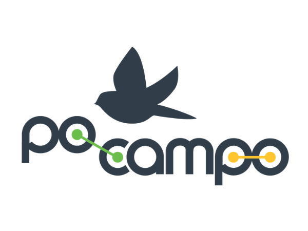 Logo with a stylized bird and the text 'pocampo' with colored dots connecting parts of the words.