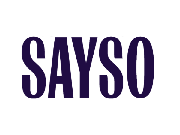 The word 'SAYSO' in bold, uppercase, purple letters on a white background.
