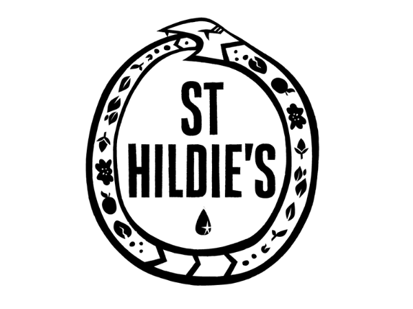 Black and white logo with a snake wrapping around a circle that says "St Hildie's" in the center, with floral and leaf patterns on the snake.