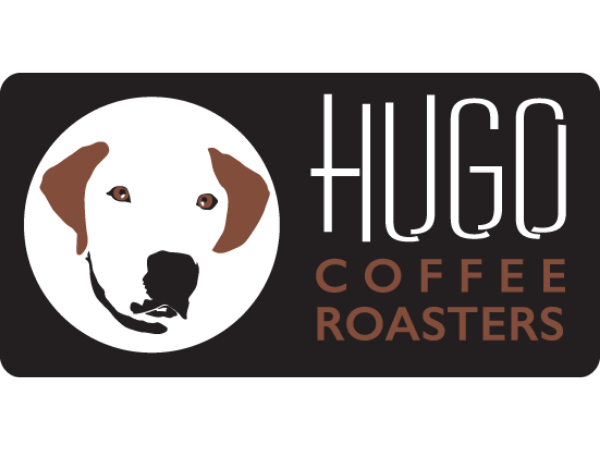 Logo for Hugo Coffee Roasters featuring a dog's face and the text 'Hugo Coffee Roasters'.