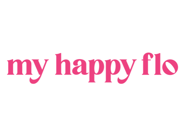 Pink text saying 'my happy flo' on a white background.