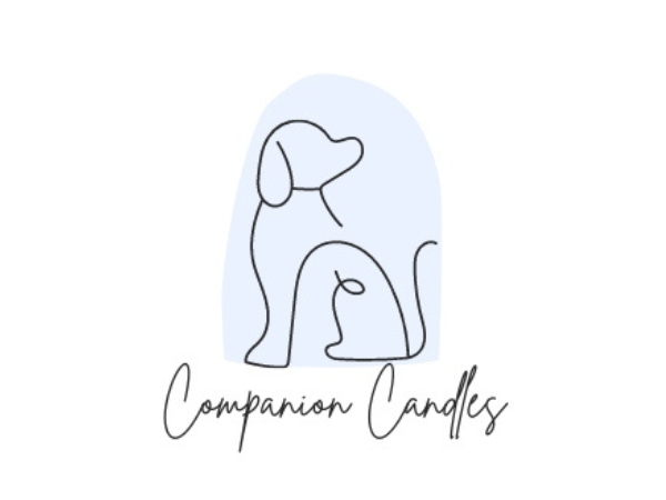 A minimalist line drawing of a dog with the text 'Companion Candles' underneath.