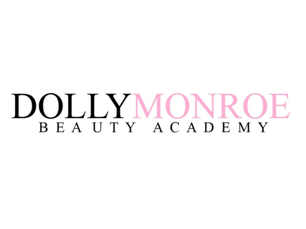 Logo for Dolly Monroe Beauty Academy with black and pink text on a white background