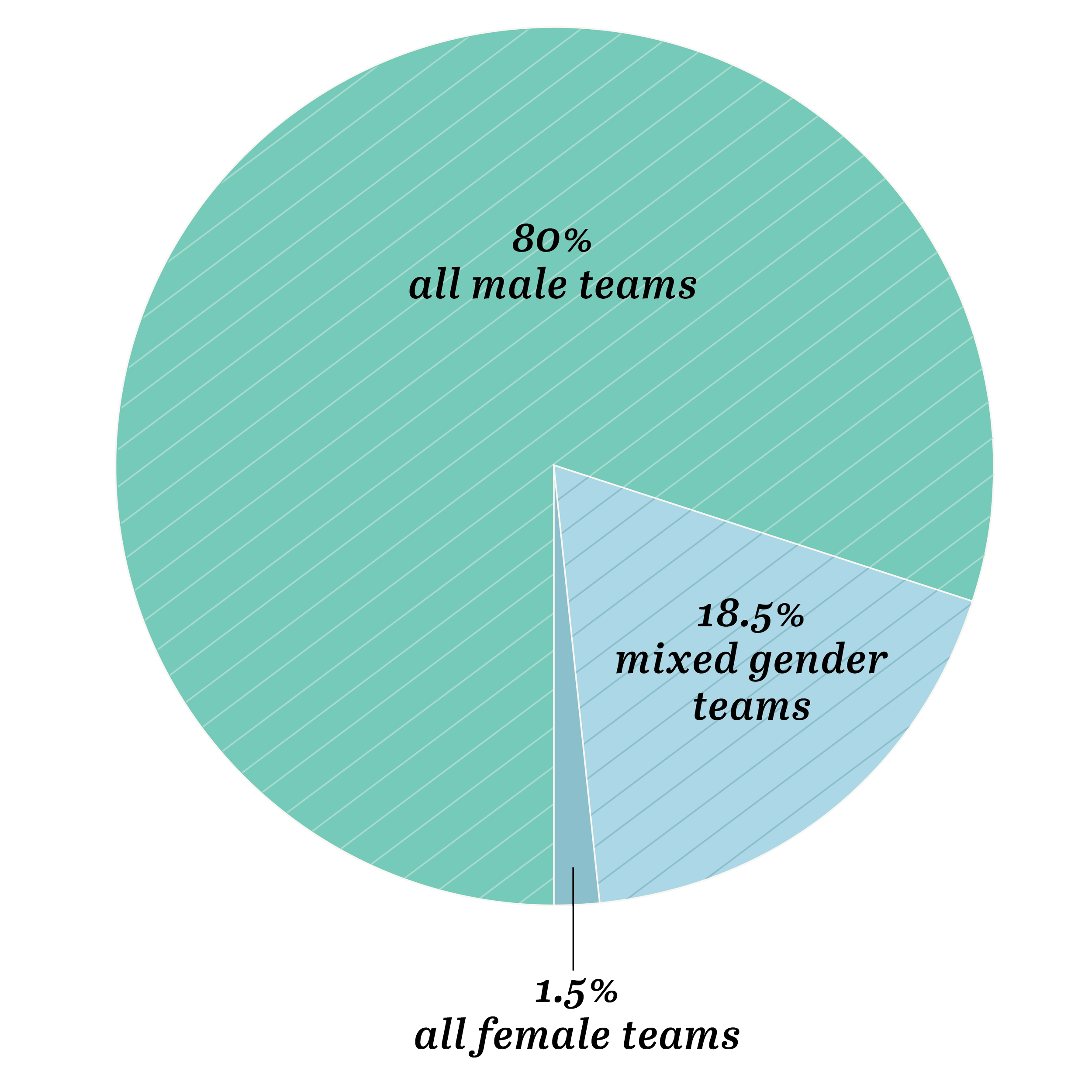 Pie chart displaying the distribution of team compositions: 80% all male teams, 18.5% mixed gender teams, 1.5% all female teams.
