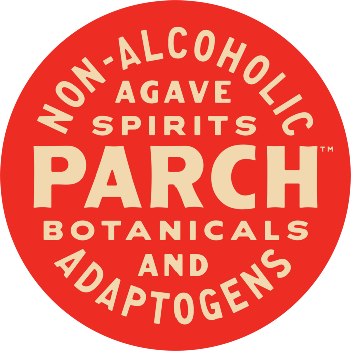 Red circular logo with cream-colored text that reads: 'Non-Alcoholic Agave Spirits', 'Parch', 'Botanicals and Adaptogens'.