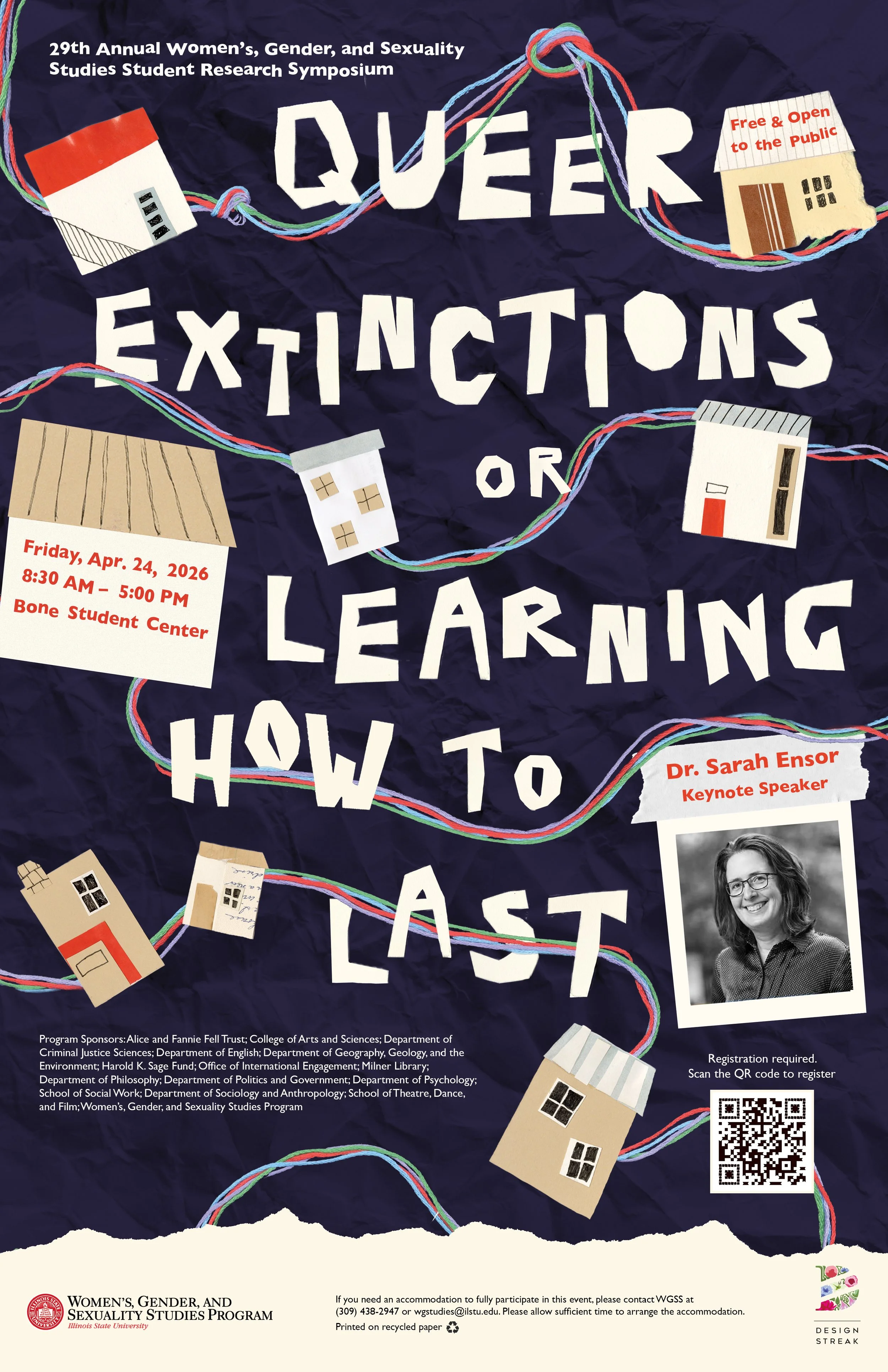 A poster concept for the 29th Annual Women’s, Gender, and Sexuality Studies Student Research Symposium keynote speaker  Dr. Sarah Ensor. 