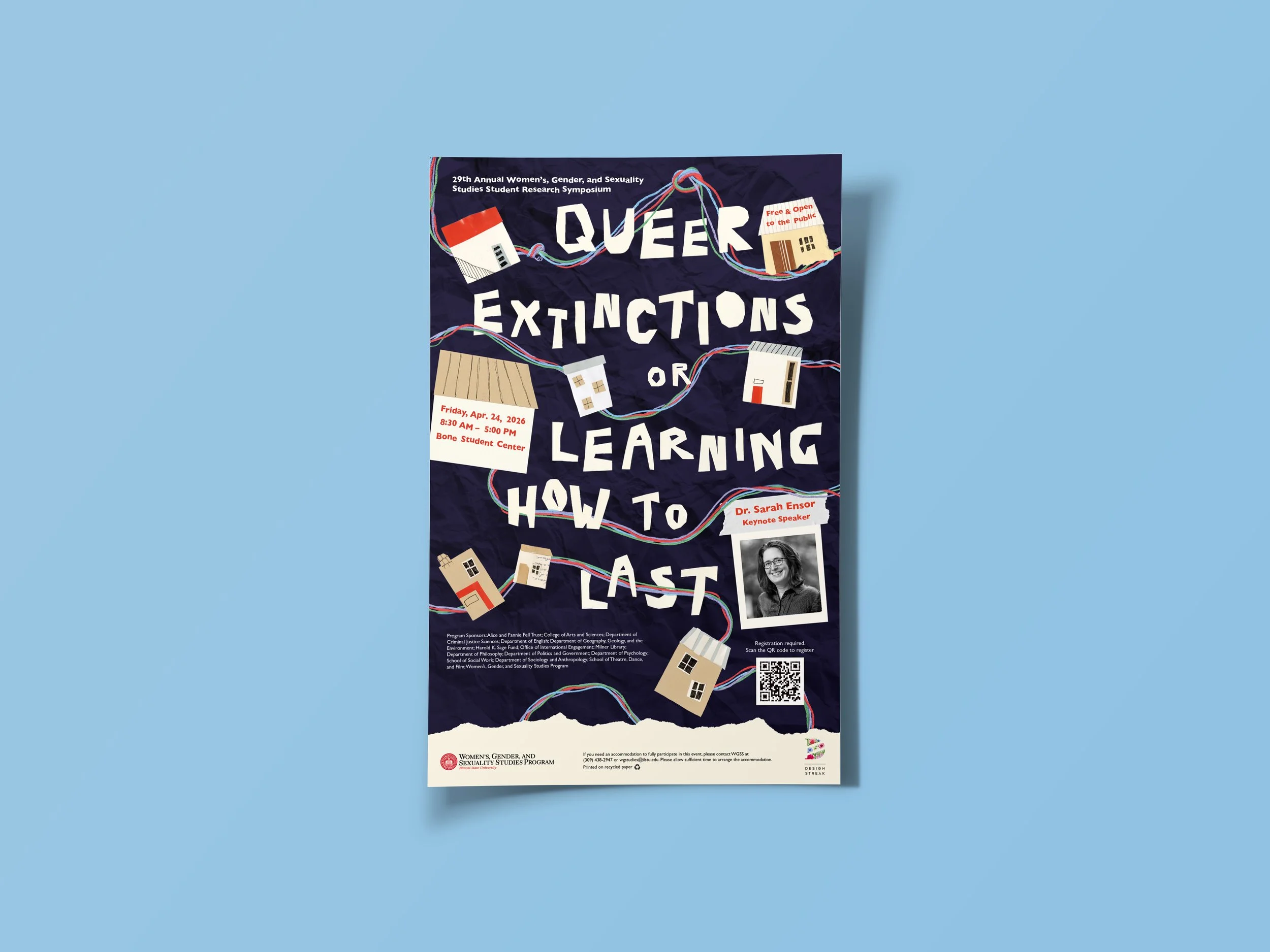 A poster concept I made with a group of 2 other peers for the 29th Annual Women's, Gender, and Sexuality Studies Student Research Symposium. Our design centered around the Keynote Speaker, Dr. Sarah Ensor's novel, "Queer Lasting."