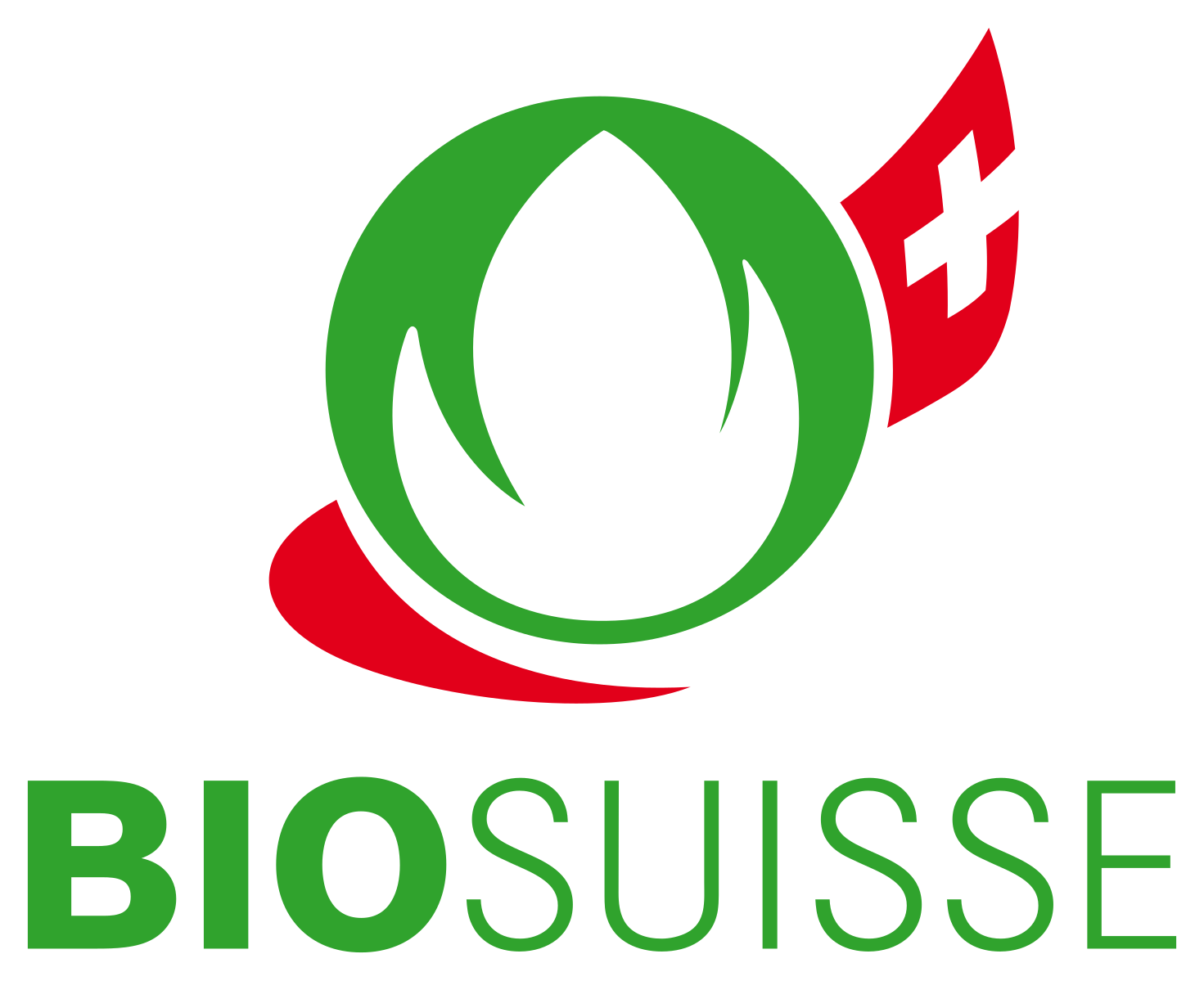 Das Logo zeigt eine grüne und weiße Blume in einem grünen Kreis, flankiert von einem roten Band auf der rechten Seite mit weißem Kreuz. Darunter steht der Schriftzug "BIOSUISSE" in grüner Schrift.