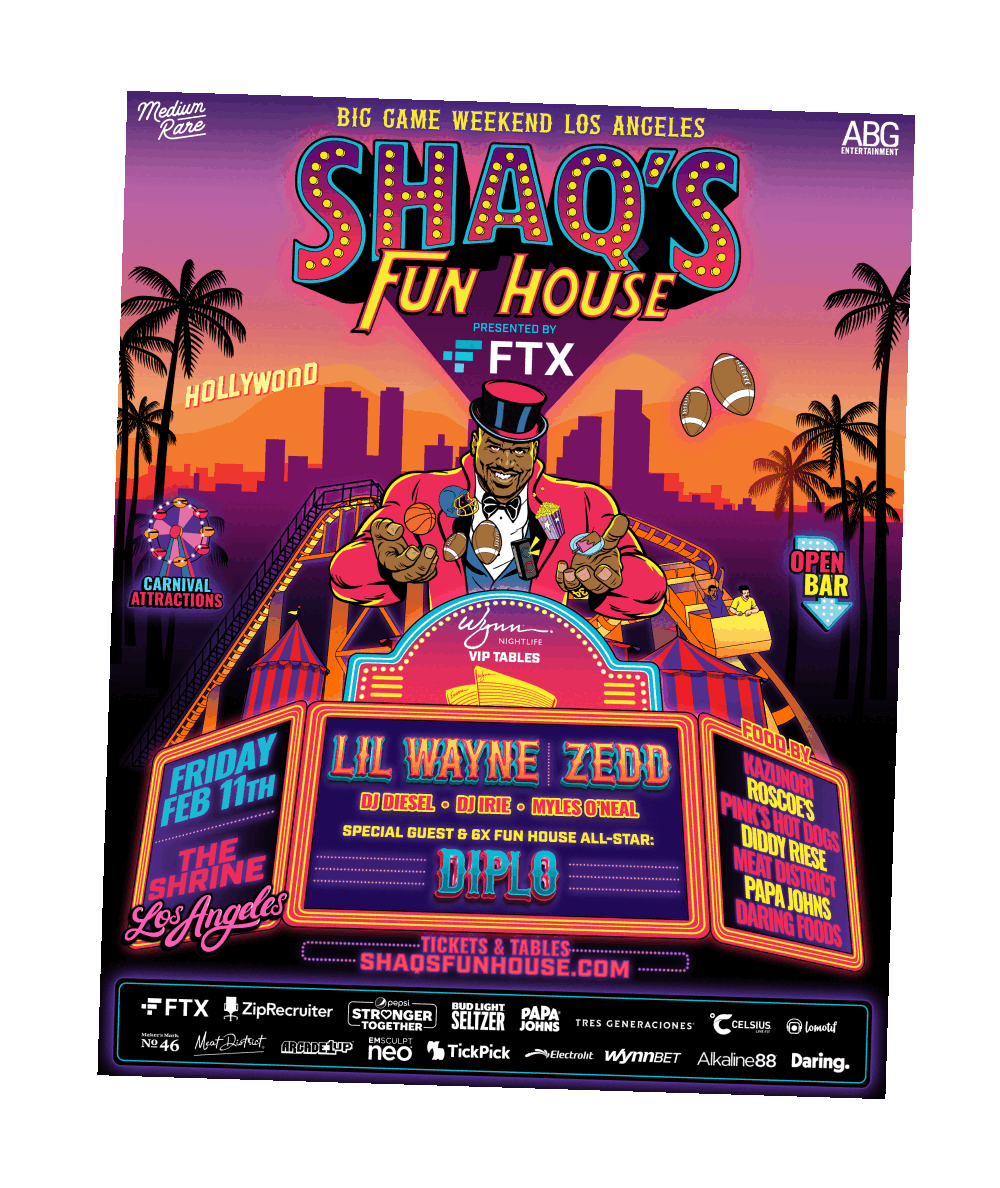 Colorful poster for Shaq's Fun House in Los Angeles featuring DJ Lil Wayne Zedd with a digital marquee displaying event details, animated carnival rides, palm trees, sports imagery, and logos of sponsors.